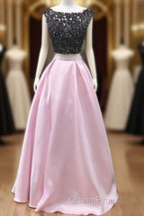 Black Lace Beaded Two Piece Satin Evening Prom Dresses