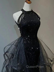 Black Long Mermaid Halter Sequined Tulle Formal Evening Prom Dresses