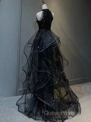 Black Long Mermaid Halter Sequined Tulle Formal Evening Prom Dresses