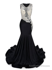 Black Mermaid Appliques Beading Prom Dress
