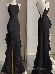 Black Mermaid Beach Wedding Dresses With Ruffles, Spaghetti Straps Backless Evening Prom Gown