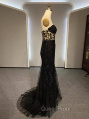 Black Mermaid Lace Evening Prom Dresses, Black Mermaid Lace Evening Dresses