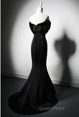 Black Mermaid Satin Off Shoulder Evening Dresses, Black Satin Evening Prom Dresses