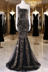 Black Mermaid Sequins Long Evening Prom Dresses, Black Evening Dresses Party Dresses