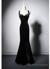Black Mermaid Velvet Lace Straps Prom Dress