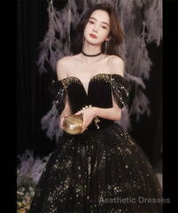 Black Off Shoulder Beaded Sweetheart Tulle Prom Dress, Black Formal Dress