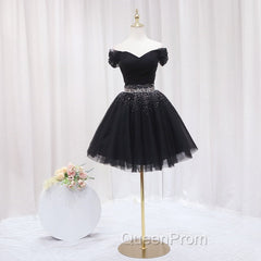Black Off Shoulder Beaded Tulle Short Evening Prom Dresses, Black Homecoming Dresses Evening Dresses