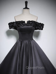 Black Off Shoulder Satin Long Evening Prom Dresses, Black Satin Evening Dresses