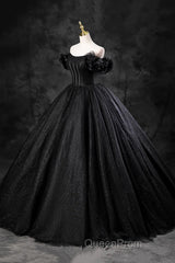 Black Off Shoulder Tulle Lace-Up Sweet 16 Dresses, Black Long Party Dresses Evening Prom Dresses