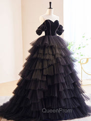 Black Off Shoulder Tulle Long Evening Prom Dresses, Black Evening Dresses