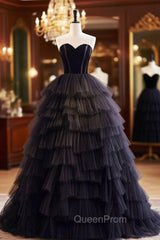 Black Off Shoulder Tulle Long Evening Prom Dresses, Black Evening Dresses