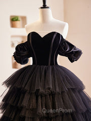 Black Off Shoulder Tulle Long Evening Prom Dresses, Black Evening Dresses