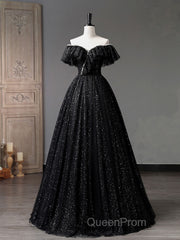 Black Off Shoulder Tulle Long Evening Prom Dresses, Black Formal Evening Dresses