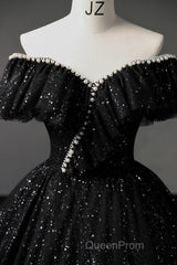 Black Off Shoulder Tulle Long Evening Prom Dresses, Black Formal Evening Dresses