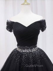 Black Off Shoulder Tulle Sequin Short Evening Prom Dresses, Black Homecoming Dresses