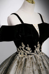 Black Off Shoulder Tulle With Lace Long Formal Dresses, Black Sweet 16 Dresses