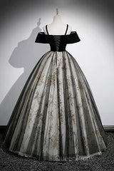 Black Off Shoulder Tulle With Lace Long Formal Dresses, Black Sweet 16 Dresses