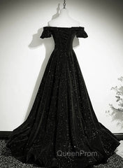 Black Off Shoulder Velvet Long Party Dresses Evening Prom Dresses, Black Simple Evening Dresses