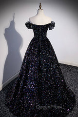 Black Off the Shoulder Beaded Long Evening Dresses, Black Shiny Sequins Evening Dresses
