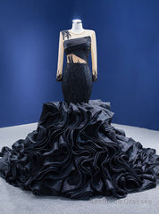 Black Organza Mermaid Long Sleeve Beading Prom Dress