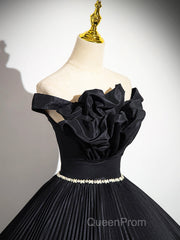 Black Pleated Long A-Line Party Gown With Rhinestone Sash, Elegant Off The Shoulder Formal Evening Dresses