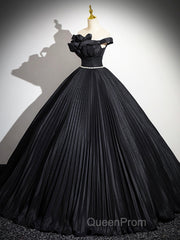 Black Pleated Long A-Line Party Gown With Rhinestone Sash, Elegant Off The Shoulder Formal Evening Dresses