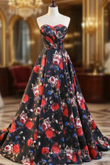 Black Print Satin Sweethearth Evening Prom Dresses With Split