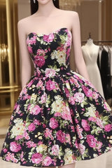 Black Print Strapless Homecoming Dresses