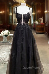 Black Evening Prom Dresses, A-line Square Neckline Spaghetti Straps Long/Floor-Length Tulle Evening Prom Dresses With Glitter Beading Appliqued