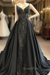 Black Robe De Soiree A-Line Spaghetti Straps Appliques Long Evening Prom Dresses Evening Prom Gown Evening Dresses