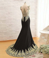 Black Round Neck Lace Applique Long Evening Prom Dresses, Black Evening Dresses