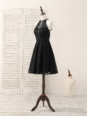Black Round Neck Lace Beads Short Prom Dress, Black Homecoming Dress