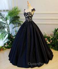 Black round neck satin long Evening Prom gown, black evening Dresses
