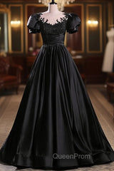 Black Satin A-line Floor Length Long Party Dresses with Lace, Black Long Evening Dresses