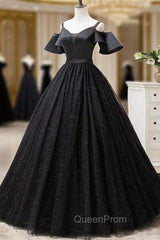 Black Satin and Tulle Ball Gown Off Shoulder Evening Dresses Party Gown, Black Long Evening Dresses