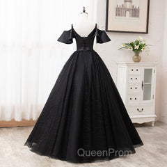 Black Satin and Tulle Ball Gown Off Shoulder Evening Dresses Party Gown, Black Long Evening Dresses