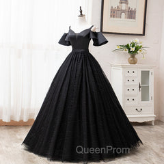 Black Satin and Tulle Ball Gown Off Shoulder Evening Dresses Party Gown, Black Long Evening Dresses