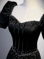 Black Satin Beaded Floor Length Evening Prom Dresses, Black A-Line Short Sleeve Evening Dresses