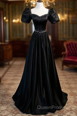 Black Satin Beaded Floor Length Evening Prom Dresses, Black A-Line Short Sleeve Evening Dresses