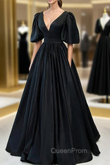 Black Satin Deep V-neckline Long Evening Dresses, Black Evening Dresses Evening Prom Dresses
