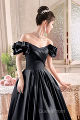 Black Satin Floor Length A-Line Evening Prom Dresses, Off The Shoulder Evening Party Dresses