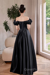 Black Satin Floor Length A-Line Evening Prom Dresses, Off The Shoulder Evening Party Dresses