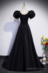 Black Satin Floor Length Prom Dress, Simple Black Short Sleeve Evening Dress
