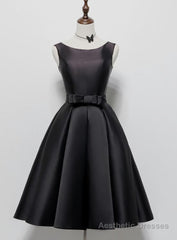 Black Satin Knee Length Round Neckline Party Dress, Black Short Prom Dress