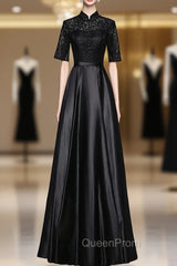 Black Satin Lace Short Sleeve Evening Prom Dresses