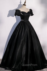 Black Satin Long Evening Prom Dresses, Black A-Line Short Sleeve Evening Dresses