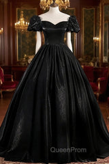 Black Satin Long Evening Prom Dresses, Black A-Line Short Sleeve Evening Dresses