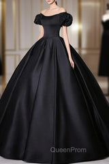 Black Satin Long Evening Prom Dresses, Black Long Evening Sweet 16 Dresses