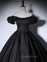 Black Satin Long Evening Prom Dresses, Black Long Evening Sweet 16 Dresses