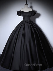 Black Satin Long Evening Prom Dresses, Black Long Evening Sweet 16 Dresses